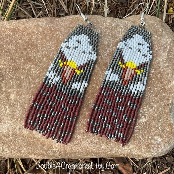 Eagle Beaded Earrings with Fringe, New, Handmade by Me - Picture 2 of 7